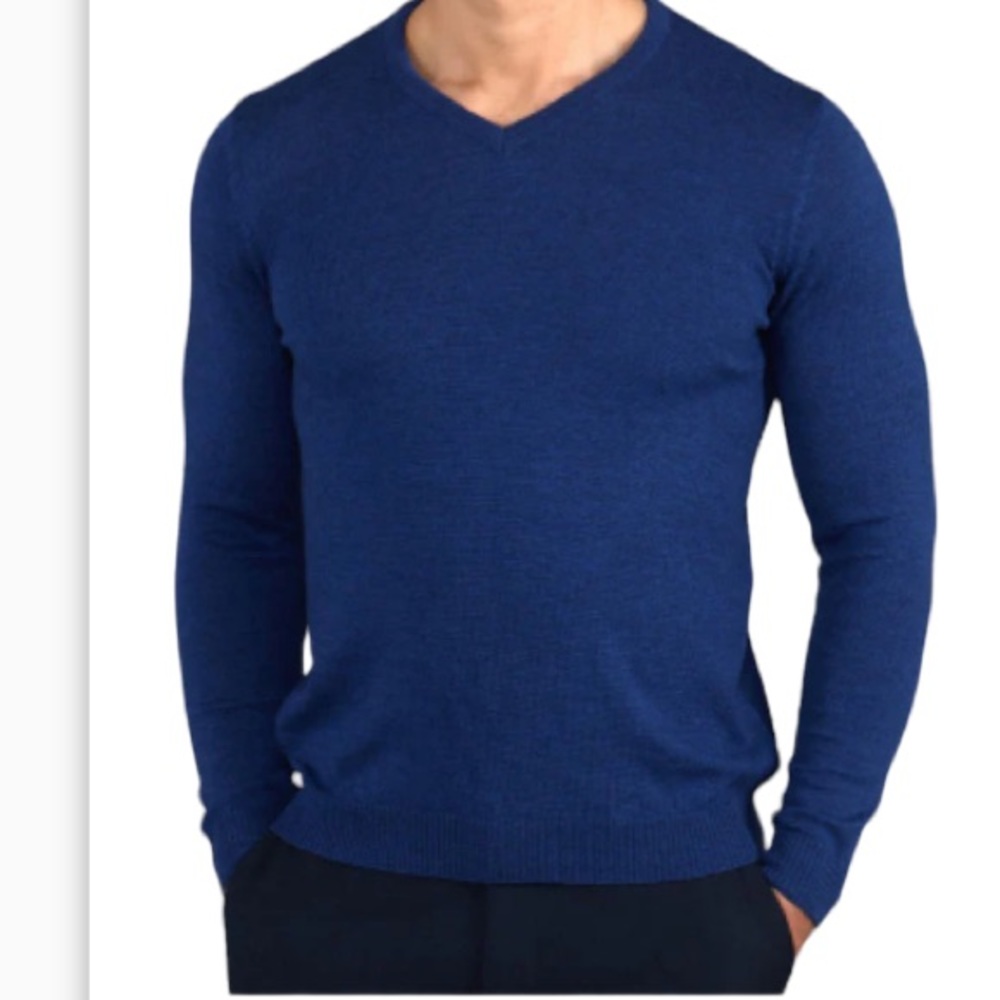 Harry Rosen Italian Made Jumper 💯 Marino Wool Vneck Blue Sweater Size L